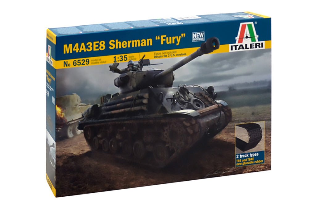 Italeri 1/35 M4A3E8 Sherman "Fury" tank kit, front of the box