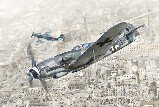 Italeri 1/48 Bf 109 K-4 aircraft kit, box artwork of two fighters over a ruined city