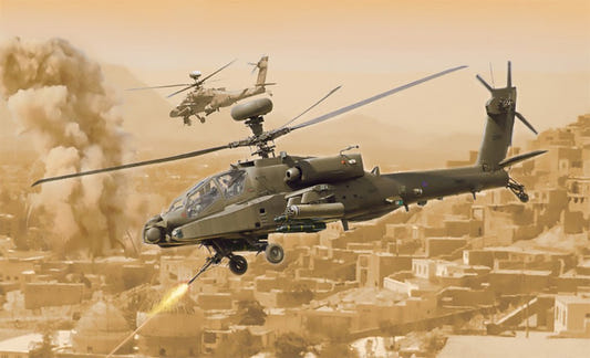 Italeri 1/48 AH-64D Apache Longbow helicopter kit, box artwork of the Apache firing over a desert town