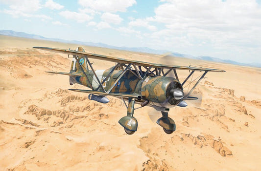 Italeri 1/48 FIAT CR.42 Falco biplane kit, box artwork of the biplane flying low over the desert