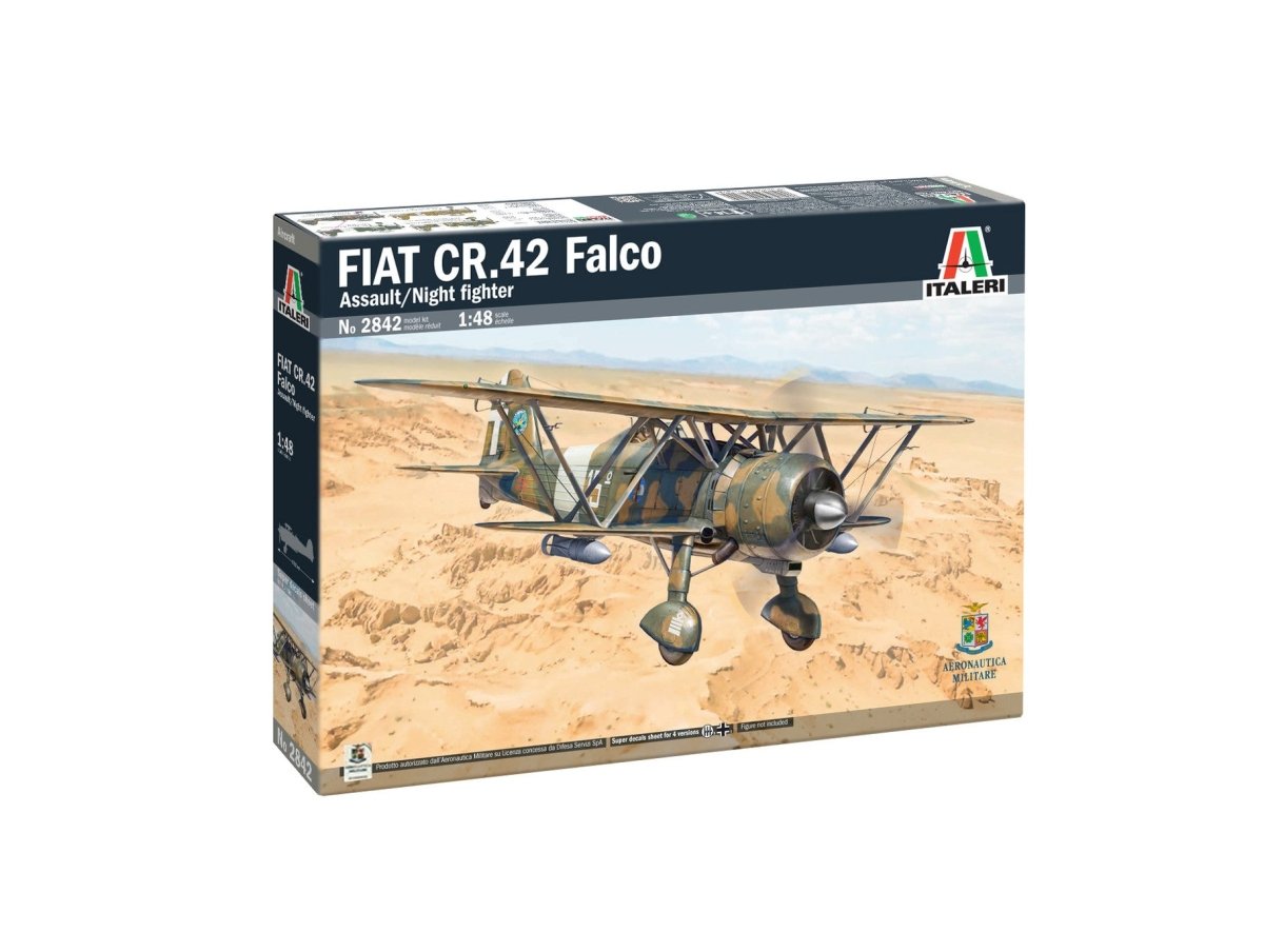 Italeri 1/48 FIAT CR.42 Falco Assault/Night Fighter biplane kit, front of the box