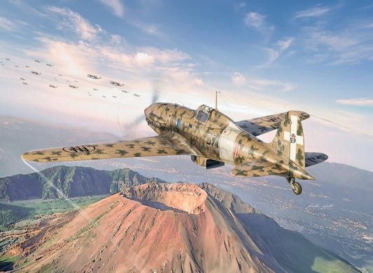 Italeri 1/48 Macchi MC.202 Folgore aircraft kit, box artwork of the fighter flying over Vesuvius