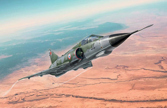 Italeri 1/48 Mirage III E jet kit, box artwork of the Mirage flying over the desert