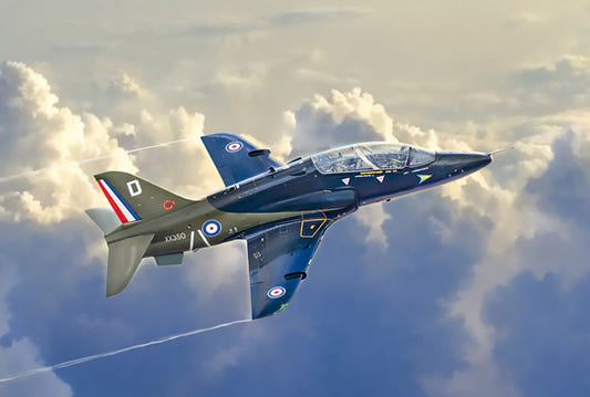 Italeri 1/48 BAe Hawk T.1 jet kit, box artwork of the Hawk banking through clouds
