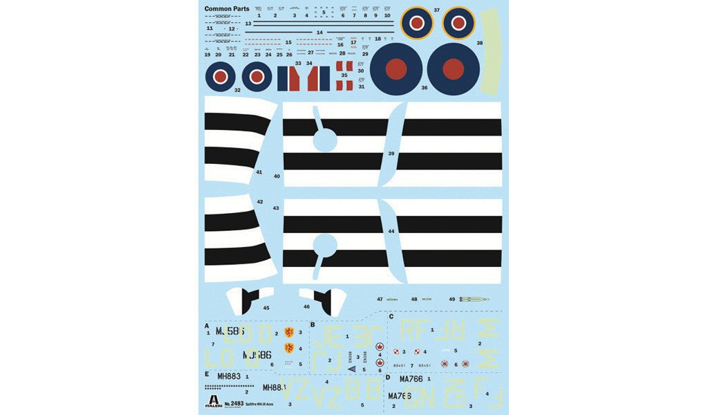 Italeri 1/48 Spitfire Mk.IX Aces kit, decal sheet with roundels and black and white invasion stripes