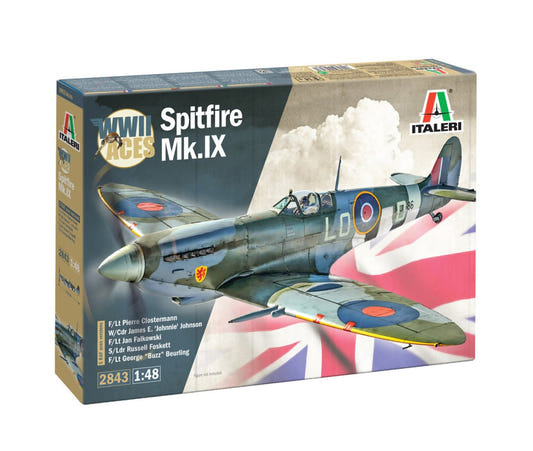 Italeri 1/48 Spitfire Mk.IX WWII Aces kit, front of the box with Spitfire over a Union Flag