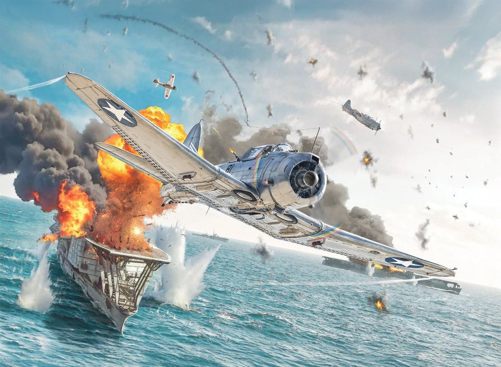 Italeri 1/48 SBD-3 Dauntless dive bomber kit, box artwork of the attack on a burning carrier