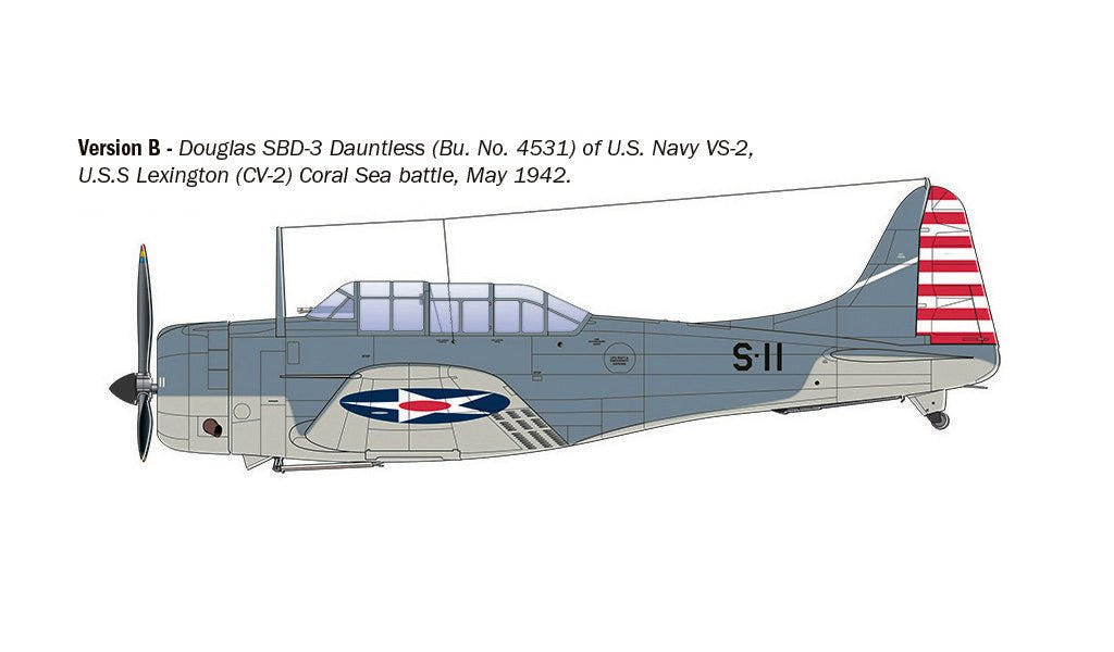 Italeri 1/48 SBD-3 Dauntless kit, colour profile for version B, VS-2, USS Lexington, Coral Sea 1942