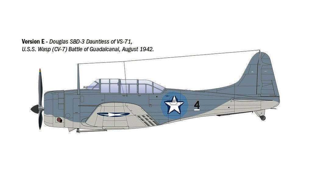 Italeri 1/48 SBD-3 Dauntless kit, colour profile for version E, VS-71, USS Wasp, Guadalcanal 1942