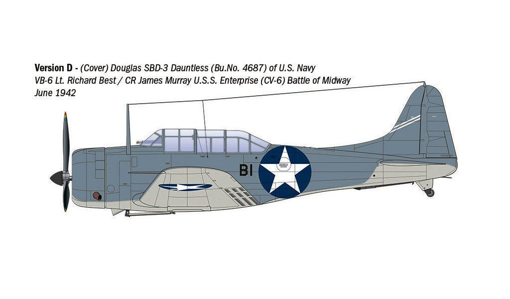 Italeri 1/48 SBD-3 Dauntless kit, colour profile for version D, VB-6, USS Enterprise, Midway 1942