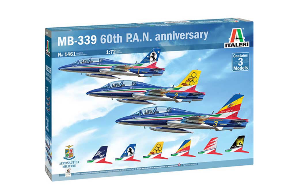 Italeri 1/72 Aermacchi MB-339 60th anniversary kit, front of the box, three models included