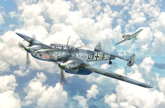 Italeri 1/72 Bf 110 C Zerstörer kit, box artwork of the heavy fighter flying among clouds