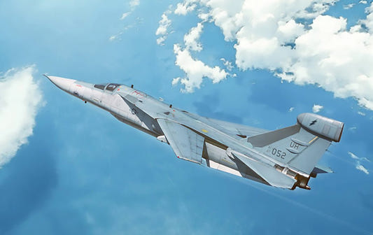 Italeri 1/72 EF-111A Raven jet kit, box artwork of the grey Raven climbing above clouds