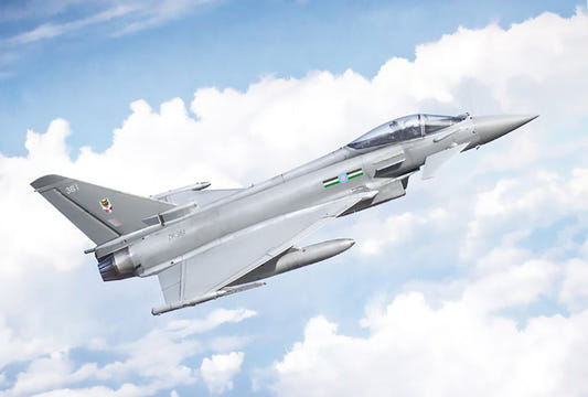 Italeri 1/72 Eurofighter EF-2000 Typhoon RAF kit, box artwork of the grey Typhoon above clouds