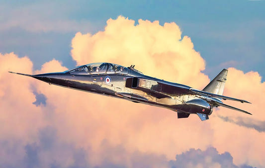 Italeri 1/72 Jaguar T.2 RAF Trainer kit, box artwork of the two-seat Jaguar flying past clouds