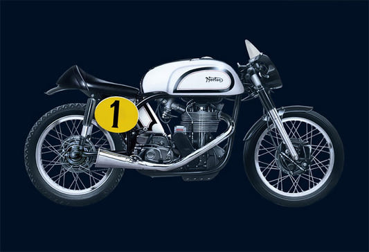 Italeri 1/9 Norton Manx 500cc 1951 motorcycle kit, built model in silver with yellow number 1 plate