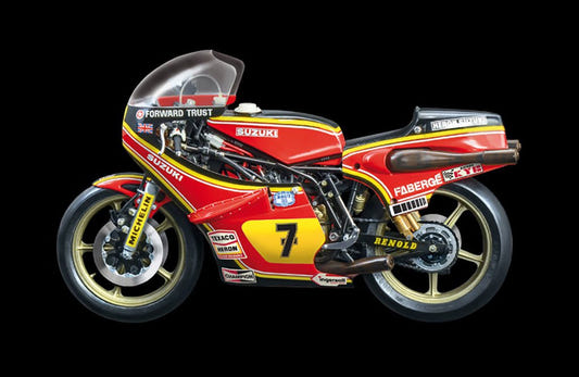 Italeri 1/9 Suzuki RG 500 XR27 Team Heron 1978 kit, built model in red and yellow livery, number 7
