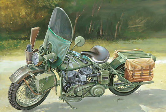 Italeri 1/9 WLA 750 US Army motorcycle kit, box artwork of the olive bike with leather panniers