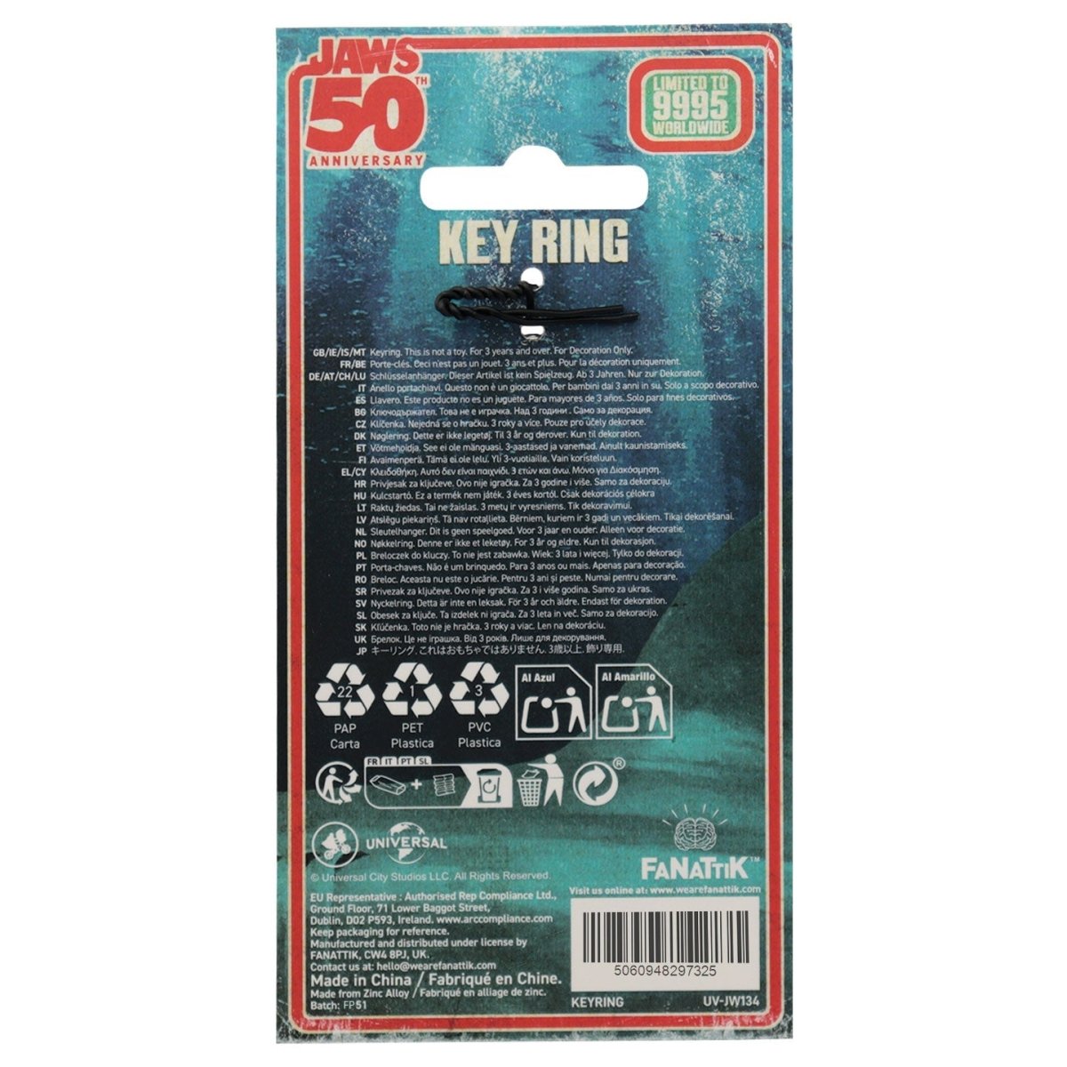 Back of the Fanattik Jaws 50th anniversary key ring packaging with product details