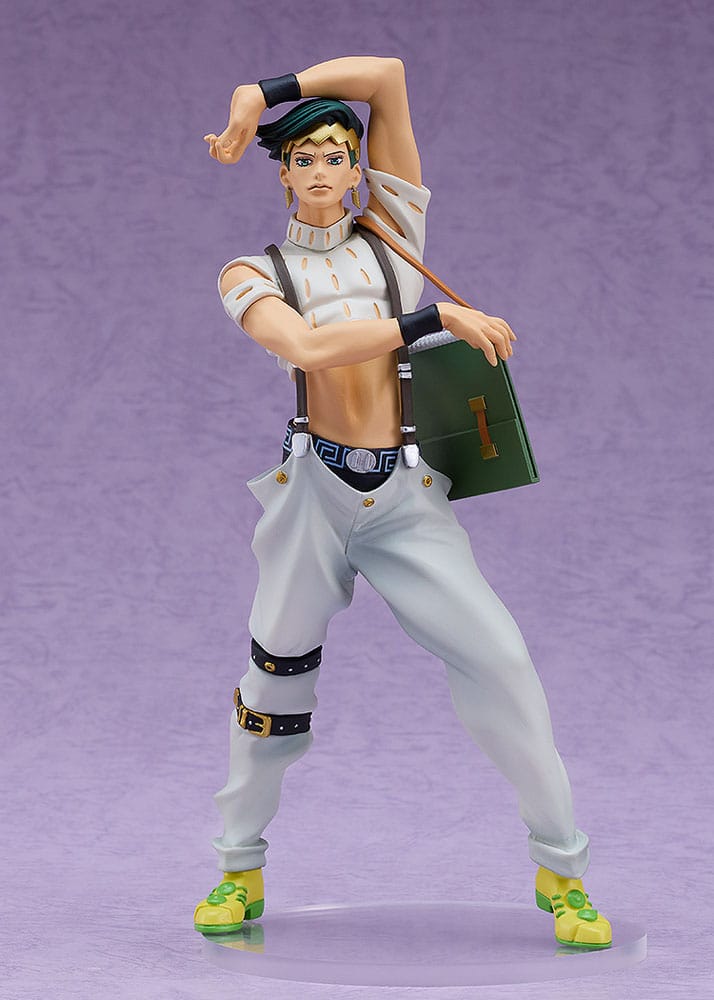Rohan Kishibe Pop Up Parade figure in signature pose with green sketchbook bag, front view on clear base