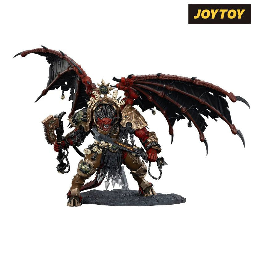 Joy Toy Warhammer 40k Angron figure front view, bat wings spread, holding chainaxe and daemon sword