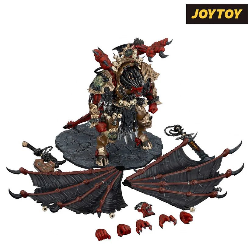 Joy Toy Angron figure with accessories laid out: detachable wings, weapons and swappable hands