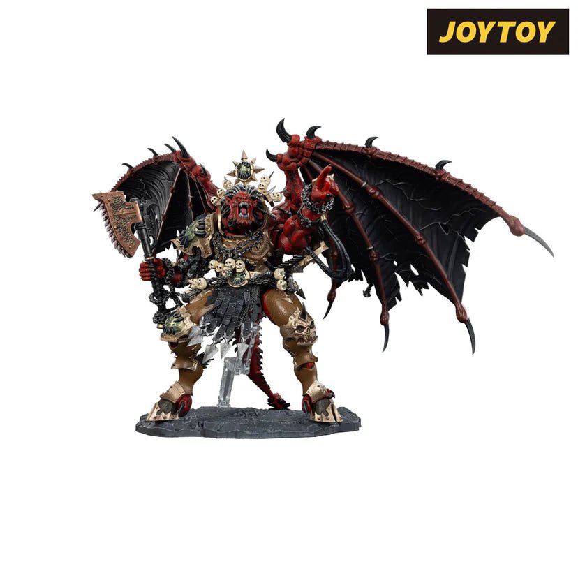 Joy Toy Angron, Daemon Primarch of Khorne figure, front view with chainaxe raised overhead