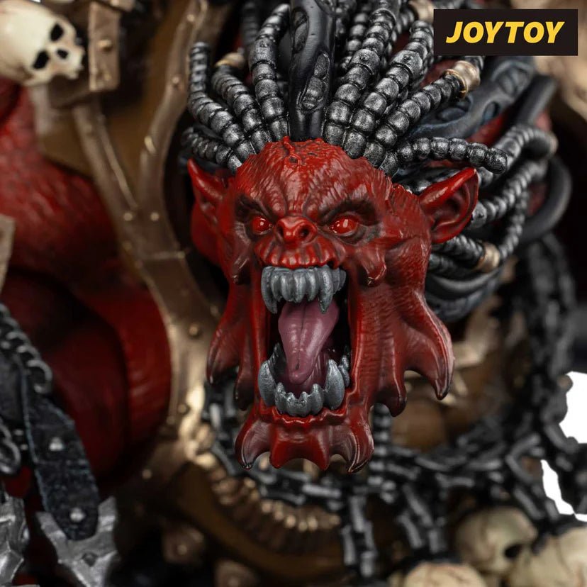 Joy Toy Warhammer 40k Angron figure, close-up of the roaring red face with fangs and skull detail