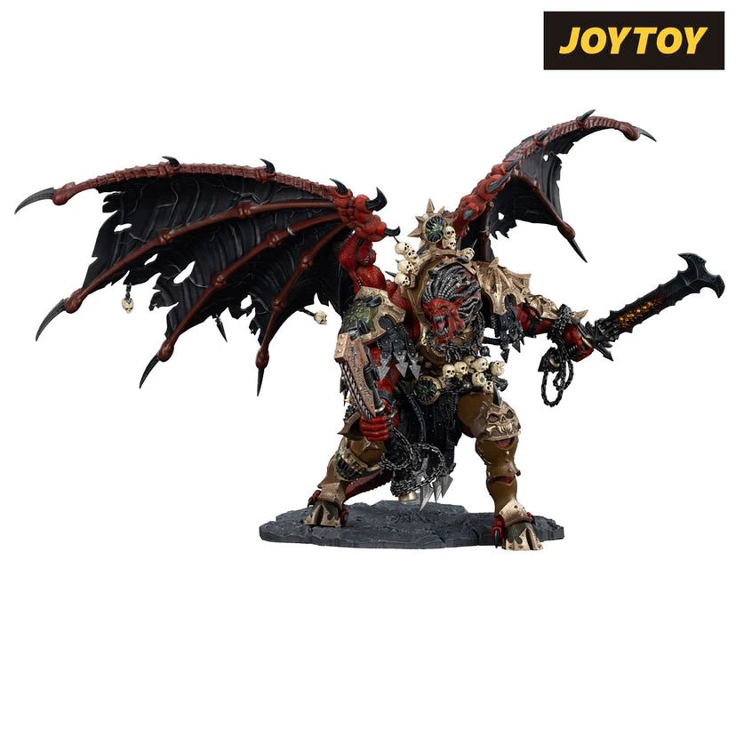 Joy Toy Angron Daemon Primarch figure mid-swing with chainaxe, wings raised, three-quarter view