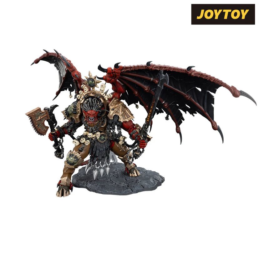 Joy Toy Angron Daemon Primarch figure, three-quarter view gripping chainaxe on a rocky base