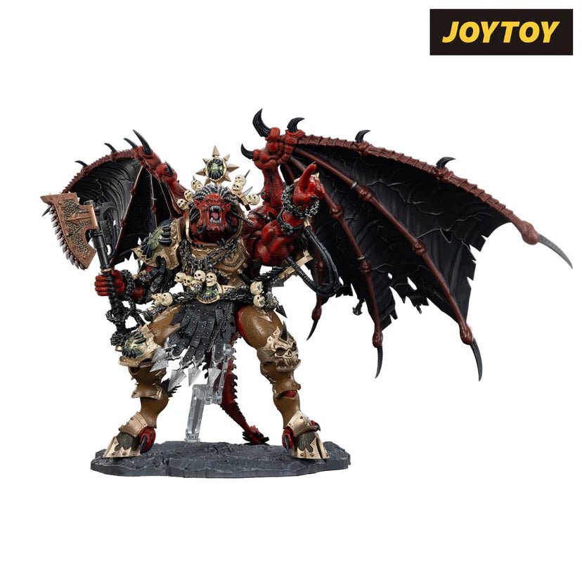 Joy Toy Angron figure three-quarter view wielding chainaxe and rune-etched daemon sword