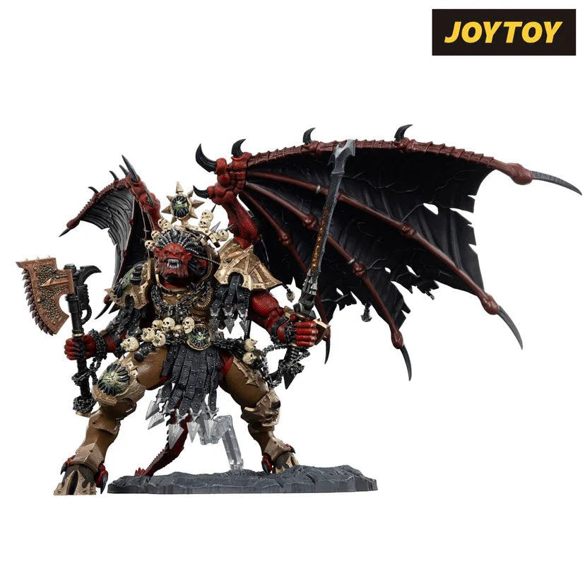 Joy Toy Warhammer 40k Angron figure, low front angle with Spinegrinder chainaxe raised