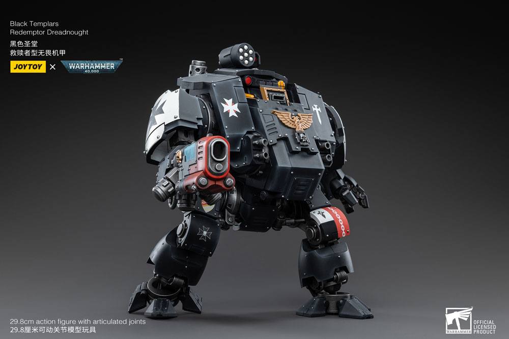 Joy Toy Redemptor Dreadnought turned to show its macro plasma arm, dark backdrop