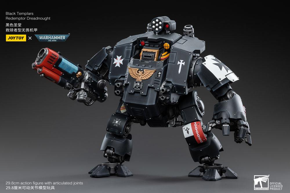 Joy Toy Black Templars Redemptor Dreadnought on a dark backdrop, front three-quarter view