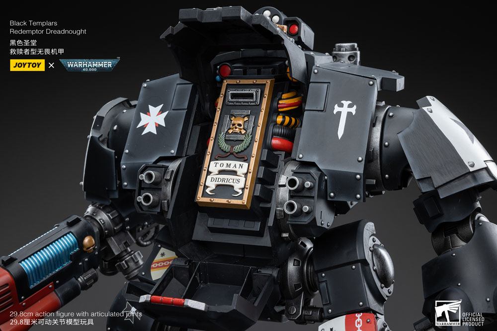 Close-up of the Joy Toy Redemptor Dreadnought's opened sarcophagus and Black Templars cross
