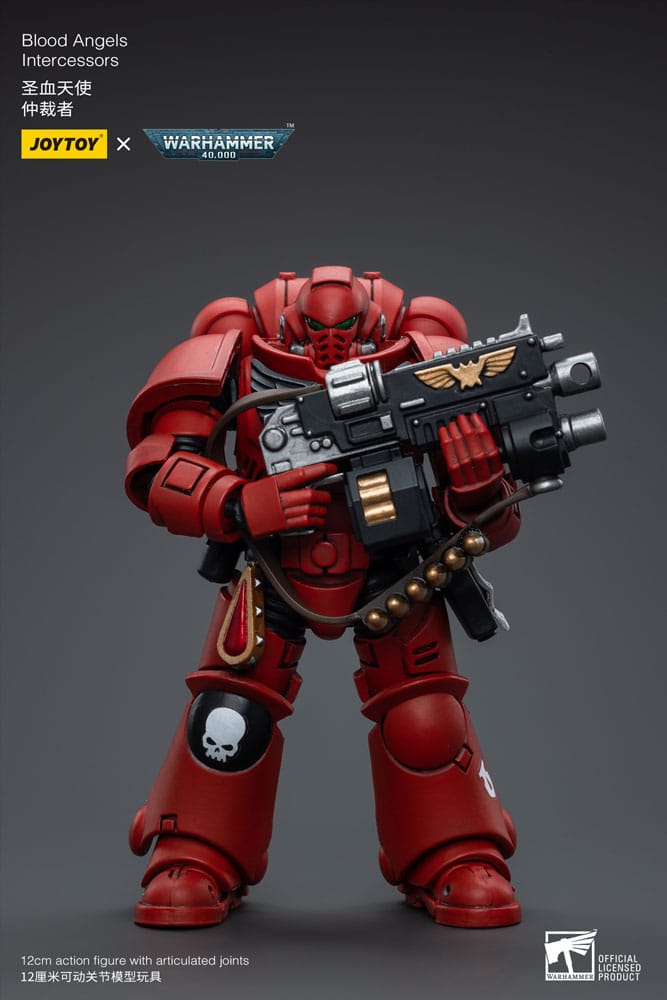 Joy Toy Blood Angels Intercessor holding bolt rifle ready, portrait front view