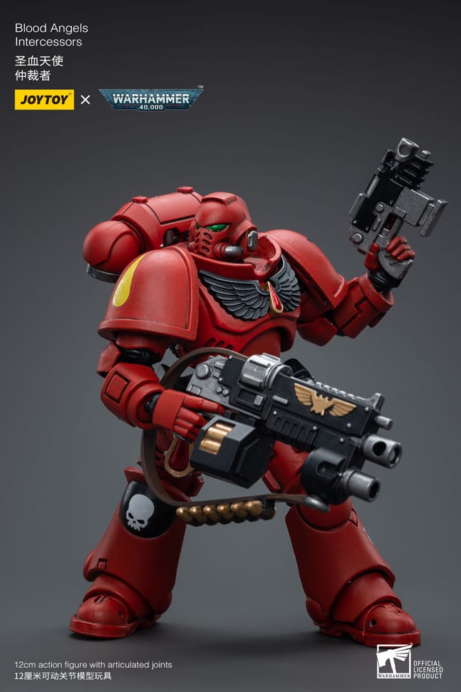 Joy Toy Blood Angels Intercessor with bolt rifle and pistol raised in one hand