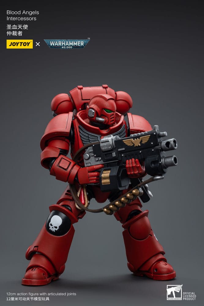 Joy Toy Blood Angels Intercessor crouched with bolt rifle and ammunition belt