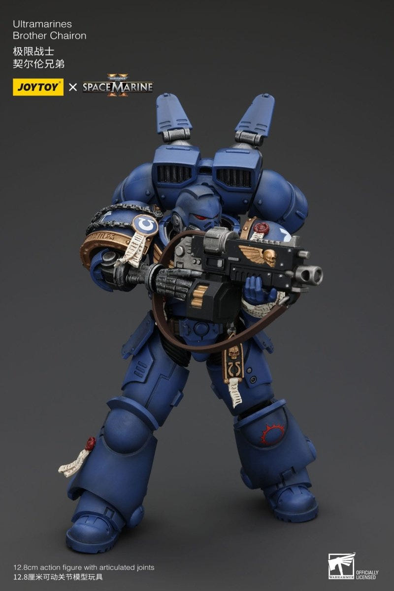 Joy Toy Brother Chairon in helmet, low angle showing the backpack vents above his shoulders