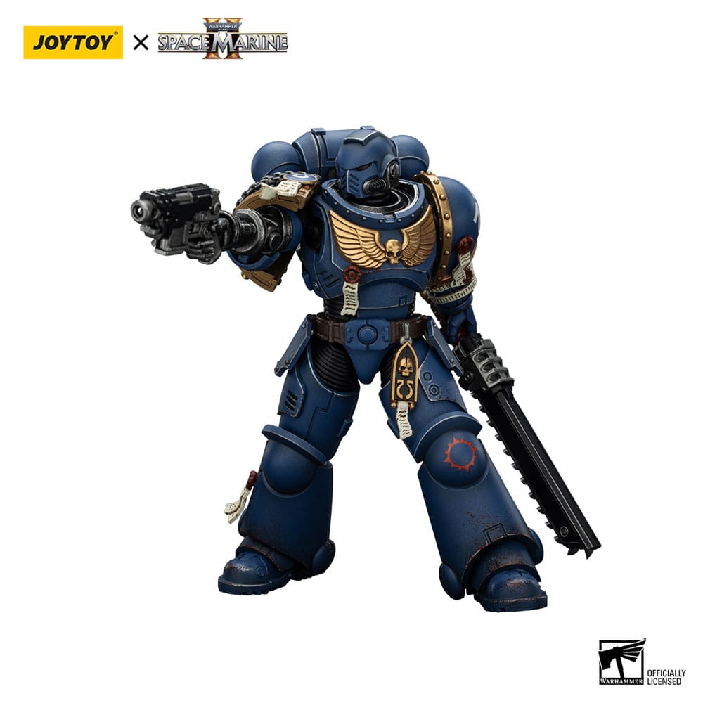 Joy Toy Brother Chairon aiming a pistol with a chainsword held low, Ultramarines blue armour