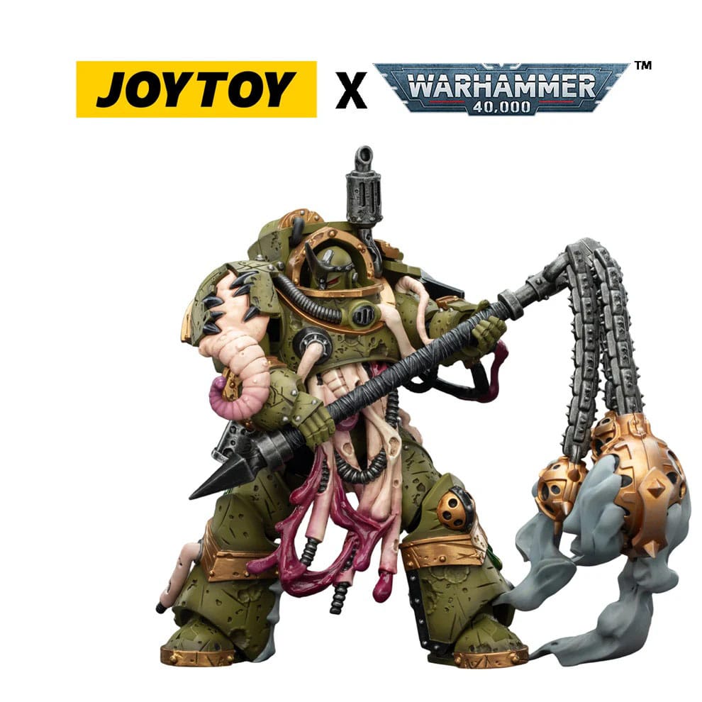JoyToy Death Guard Blightlord Terminator posed with raised spear and flail heads trailing smoke