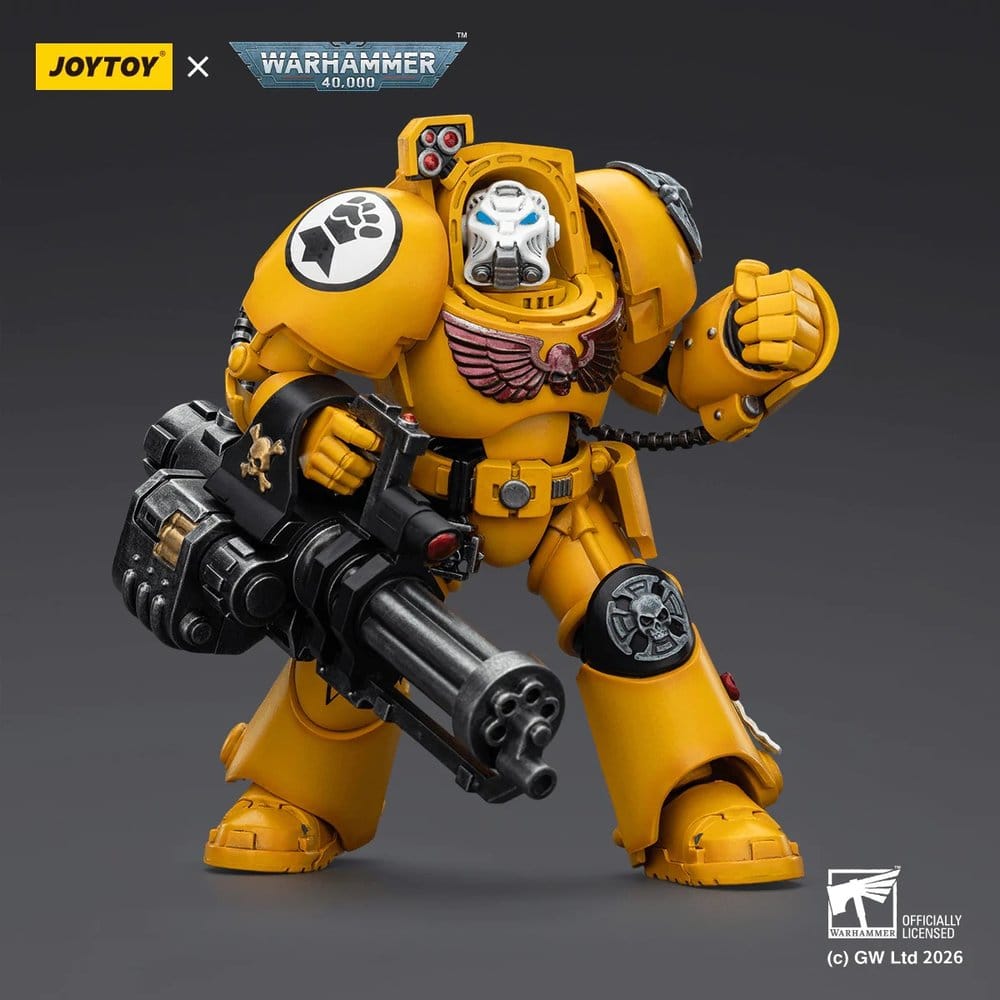 Joy Toy Imperial Fists Terminator in a firing pose with assault cannon and raised power fist