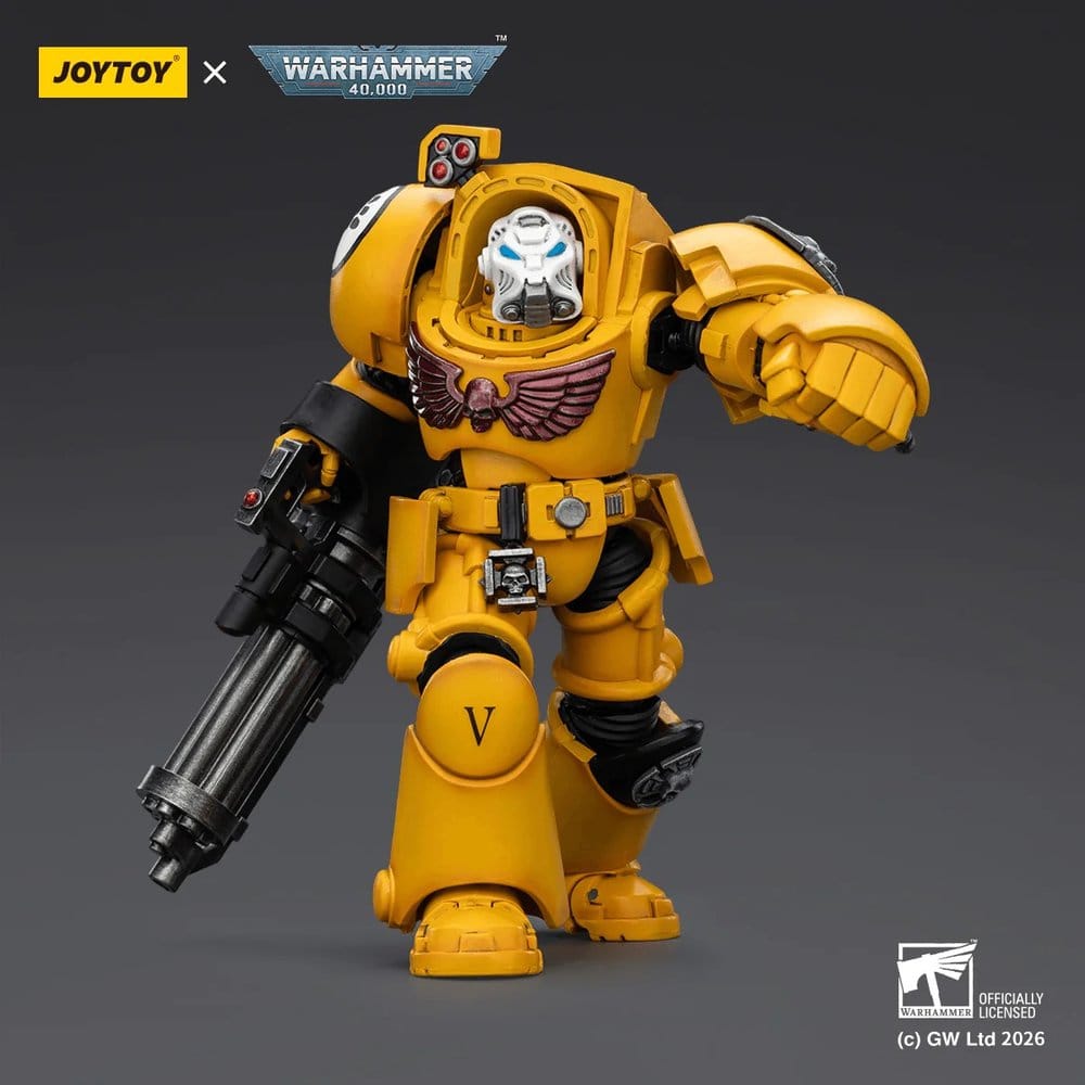 Joy Toy Imperial Fists Terminator swinging his power fist forward while holding the assault cannon