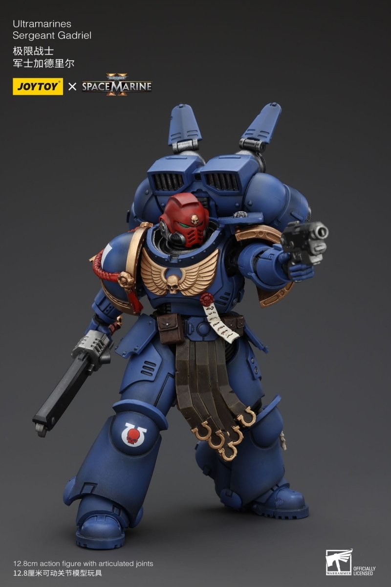 Joy Toy Sergeant Gadriel aiming a bolt pistol with the rifle slung, helmeted