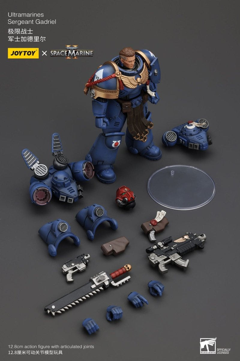 Joy Toy Sergeant Gadriel with all accessories laid out: heads, hands, rifle, pistol and stand