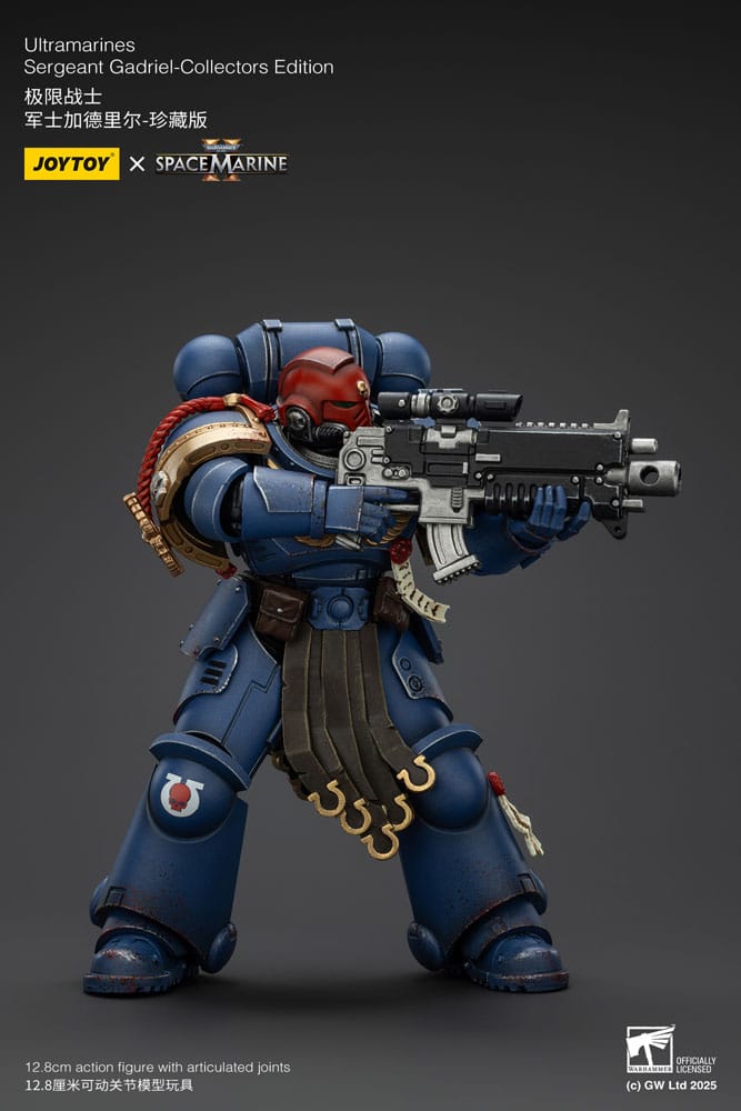 Joy Toy Ultramarines Sergeant Gadriel firing a bolt rifle, action pose