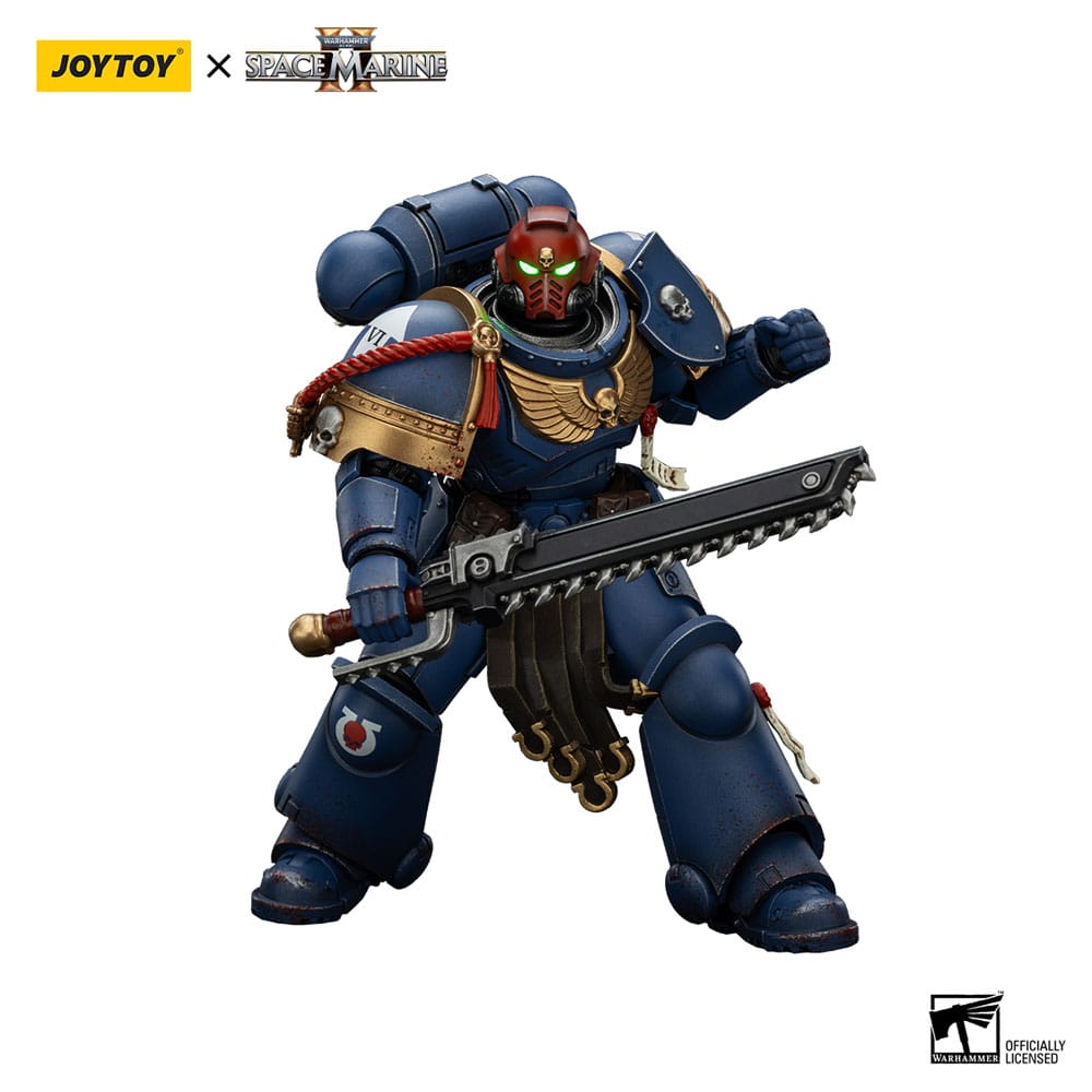 Joy Toy Sergeant Gadriel gripping a chainsword with both hands