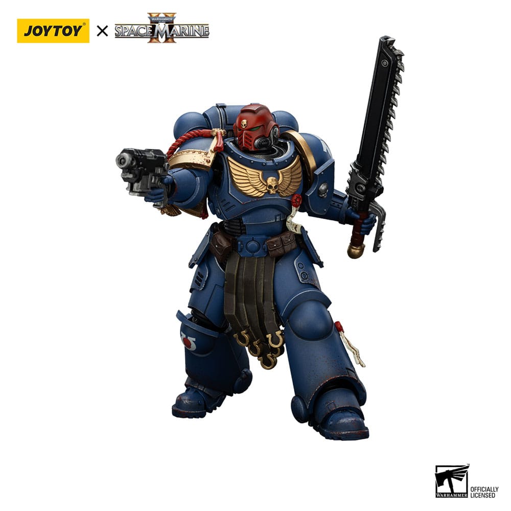Joy Toy Sergeant Gadriel with chainsword raised and bolt pistol aimed