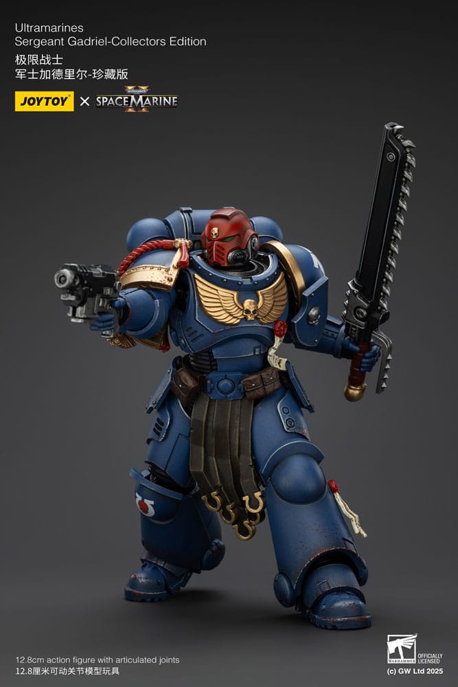 Joy Toy Sergeant Gadriel with chainsword raised high, dark backdrop