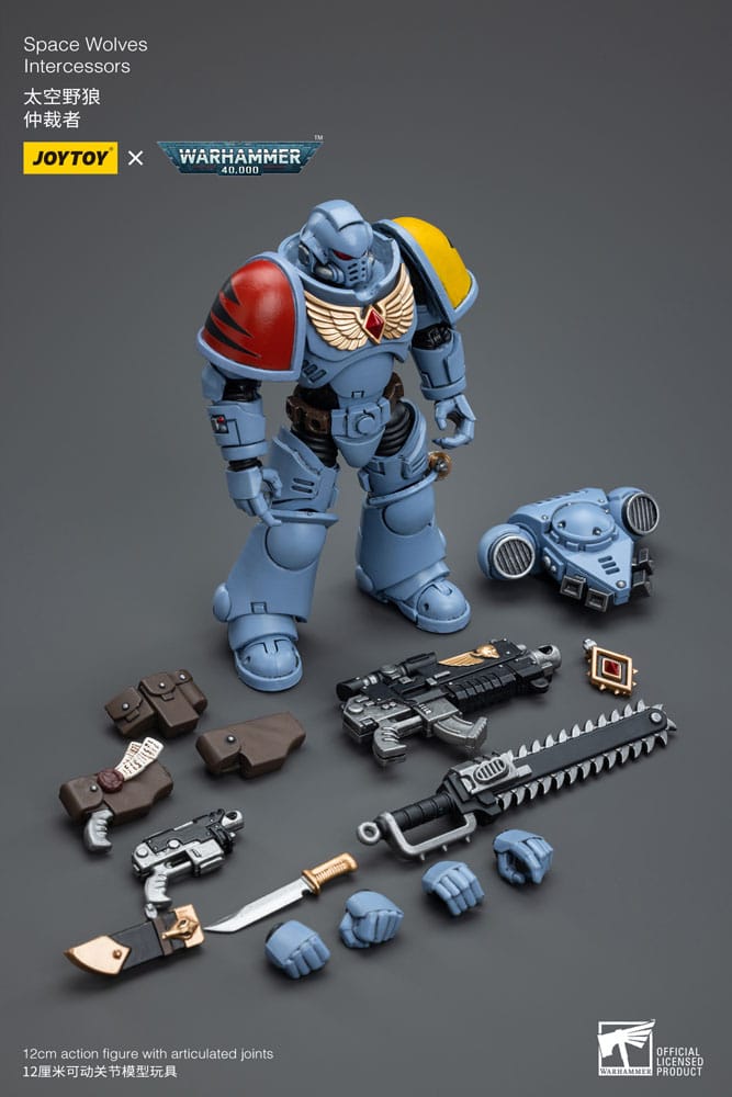 Joy Toy Space Wolves Intercessor accessories spread: hands, helmet, knife, pistol and chainsword
